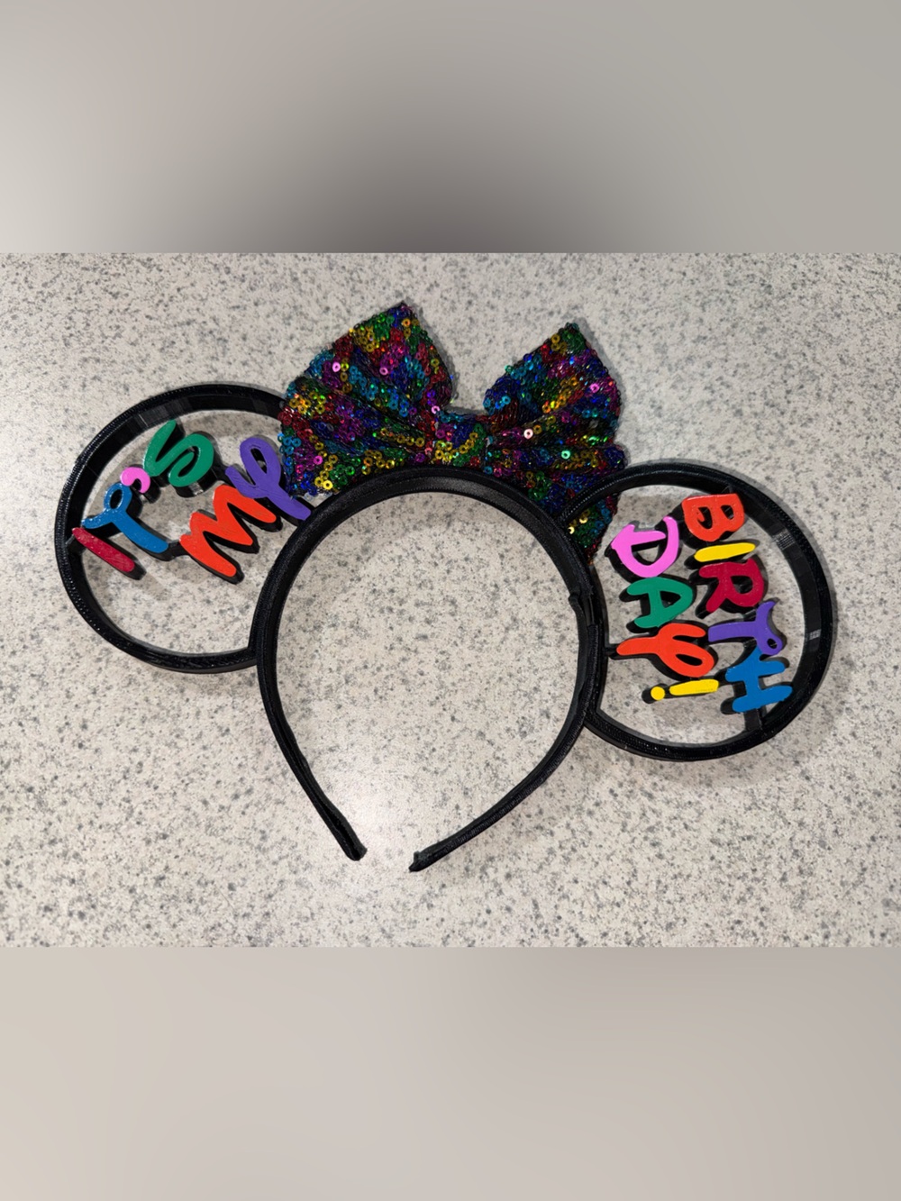 Mickey Ears Headband with Rainbow 'It’s My Birthday” and bow.